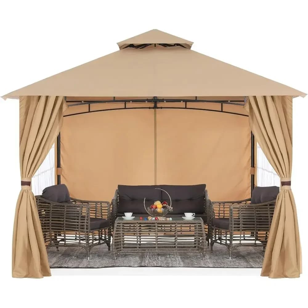 10x12 Beige Steel Outdoor Gazebo with Window Curtains