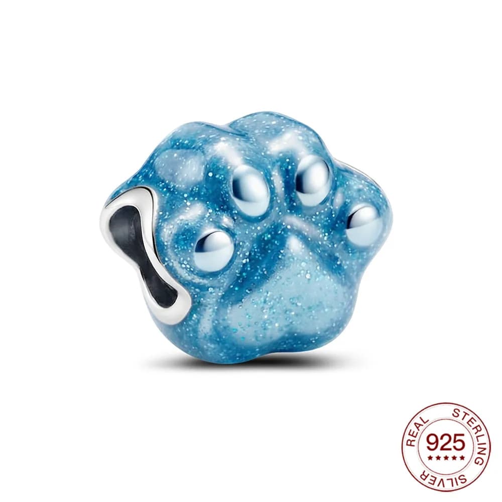 Charm in Argento Sterling 925 con Impronta di Zampa di Cane Blu Glitterato, Perla per Amanti degli Animali, Compatibile con Bracciali Europei, Gioiello Regalo per Donne