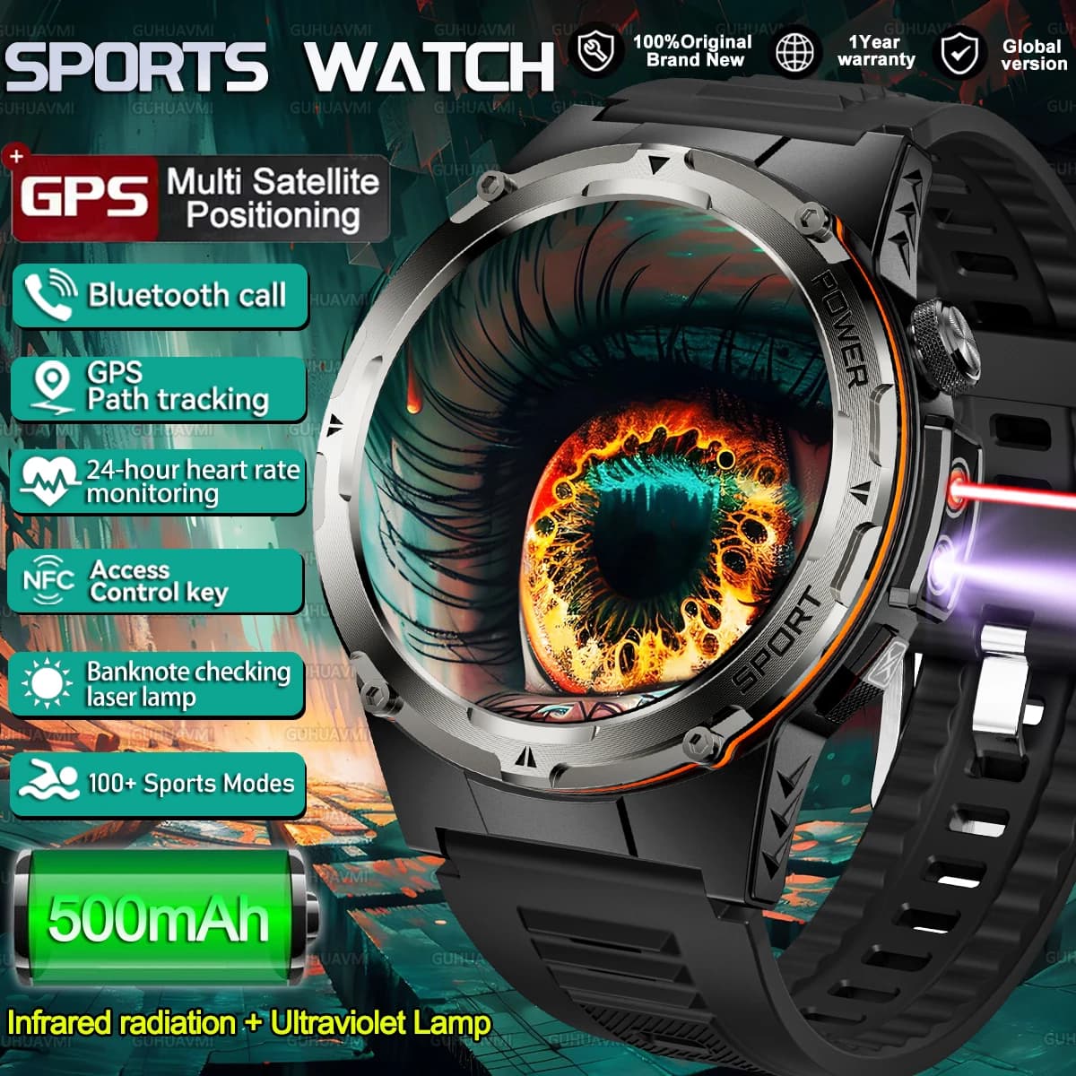 Smartwatch Popular Exterior GPS 2026 for Men, AMOLED Screen, Compass, Waterproof, 500mAh, NFC, Bluetooth HD call