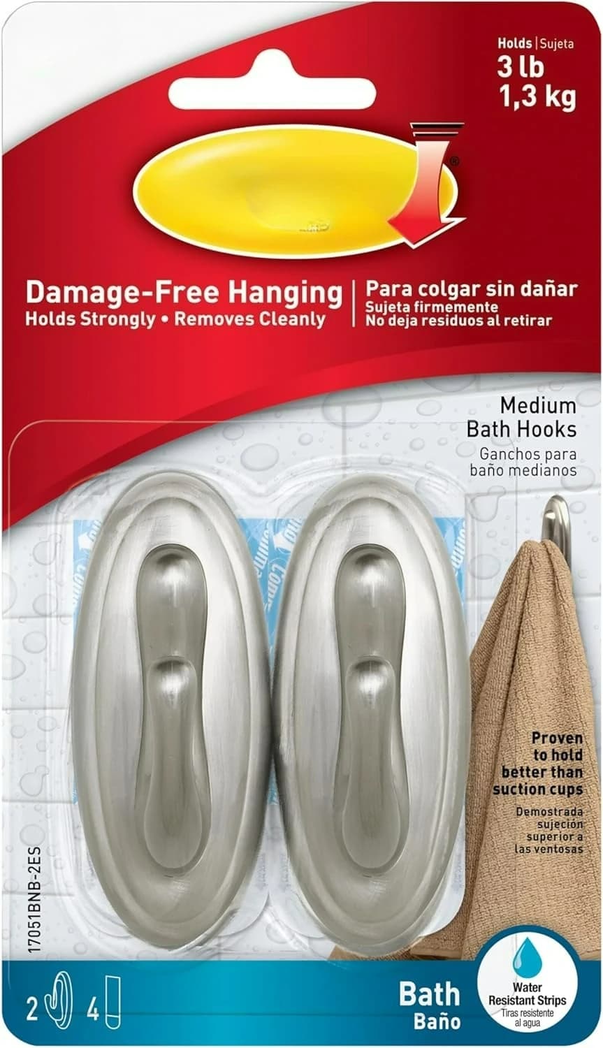Medium Bath Hooks, Holds up to 3 lb, 2 Shower Hooks, 4 Water Resistant Strips, Brushed Nickel Colored