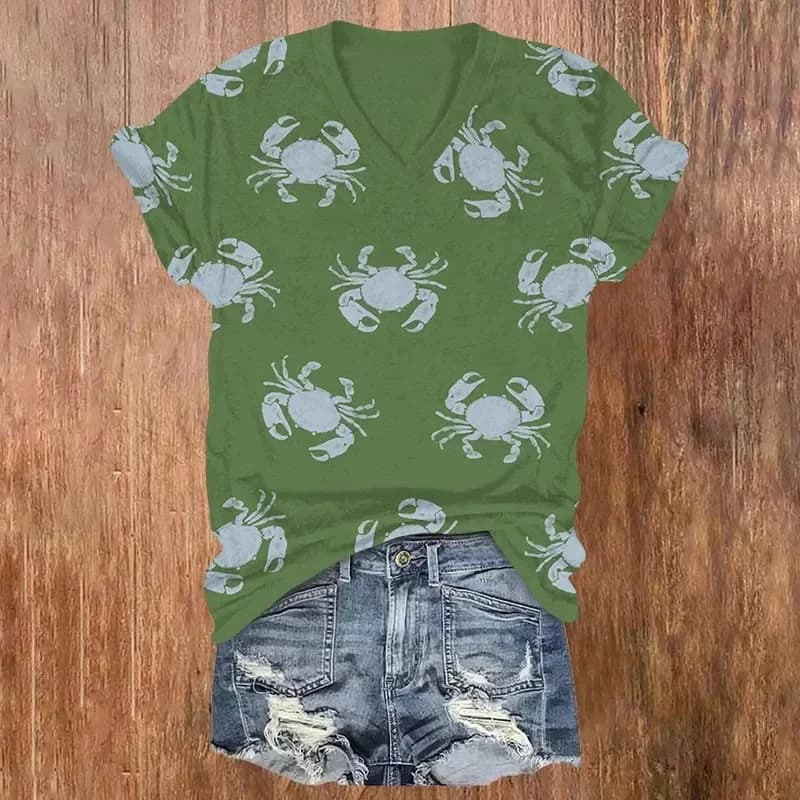 Vintage Crab Swarm Art Print V-neck T-shirt Summer Women's T Shirts