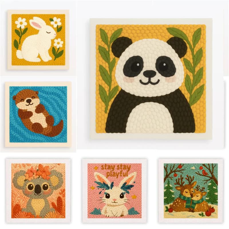 Cute Animal Pattern Punch Needle Kit with Frame Punch Needle Embroidery Kits for Adults Beginner Yarns and Sewing embroidery Set