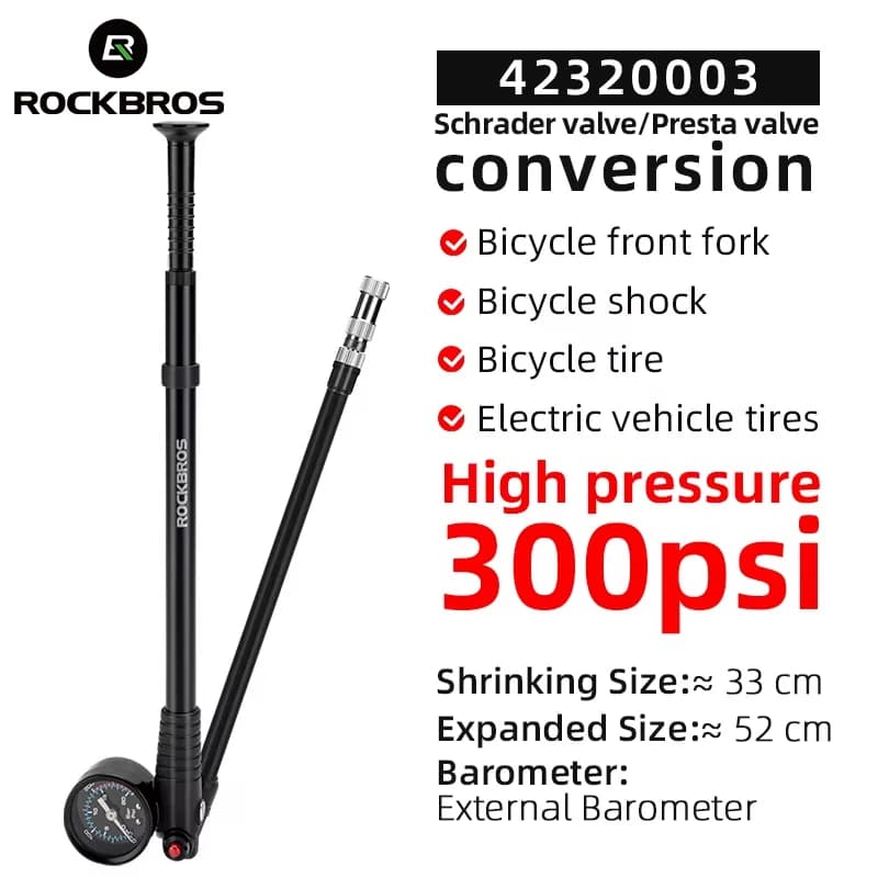 Pompa per Bicicletta ROCKBROS 300PSI ad Alta Pressione con Barometro, Pompa per Forcella e Sospensioni MTB, Gonfiatore Portatile per Biciclette, Accessori per Ciclismo