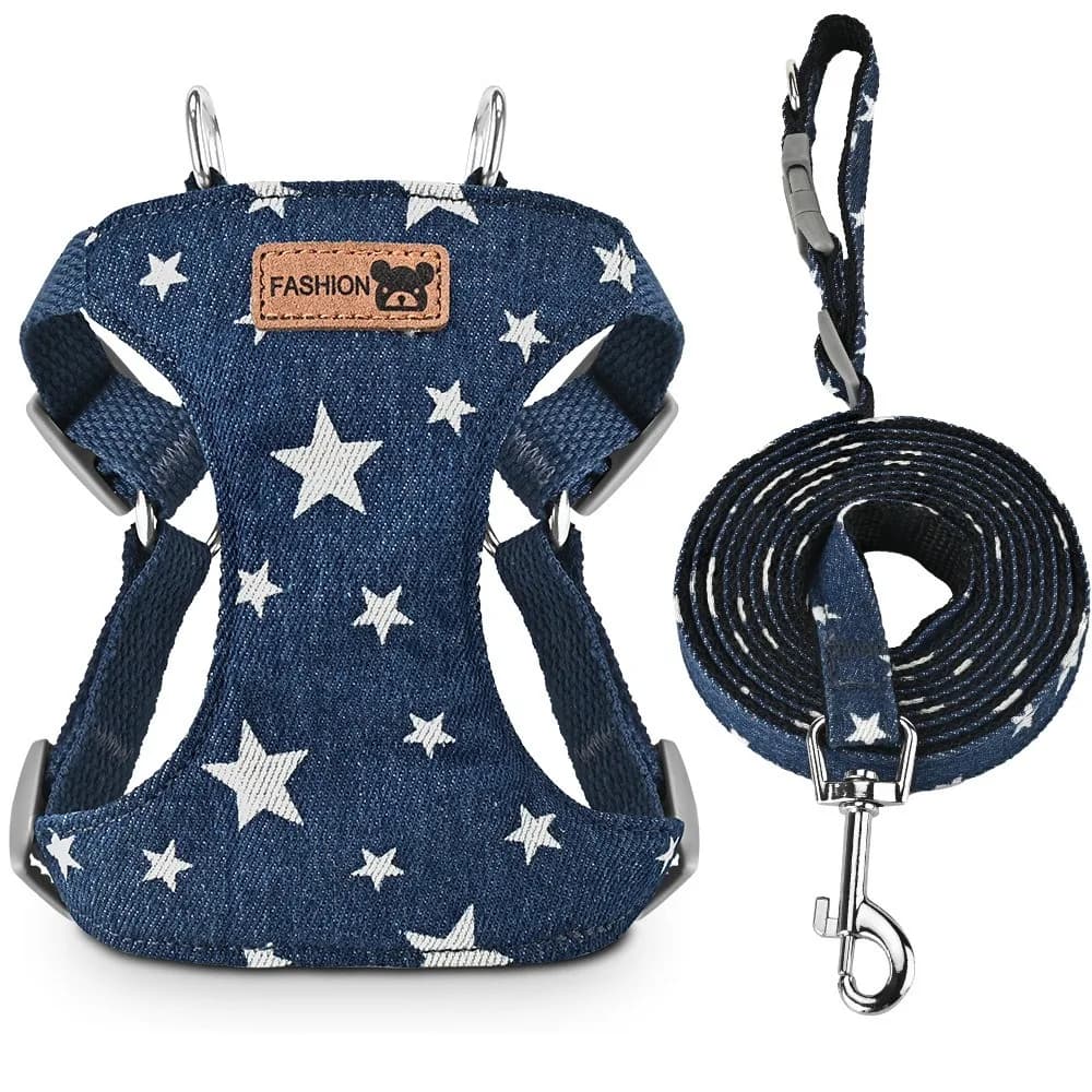 Adjustable Dog Harness Lead Leash Set Breathable Escape Proof Pet Vest Harness Vest Style Denim Mesh Dog Chest Harness Pet