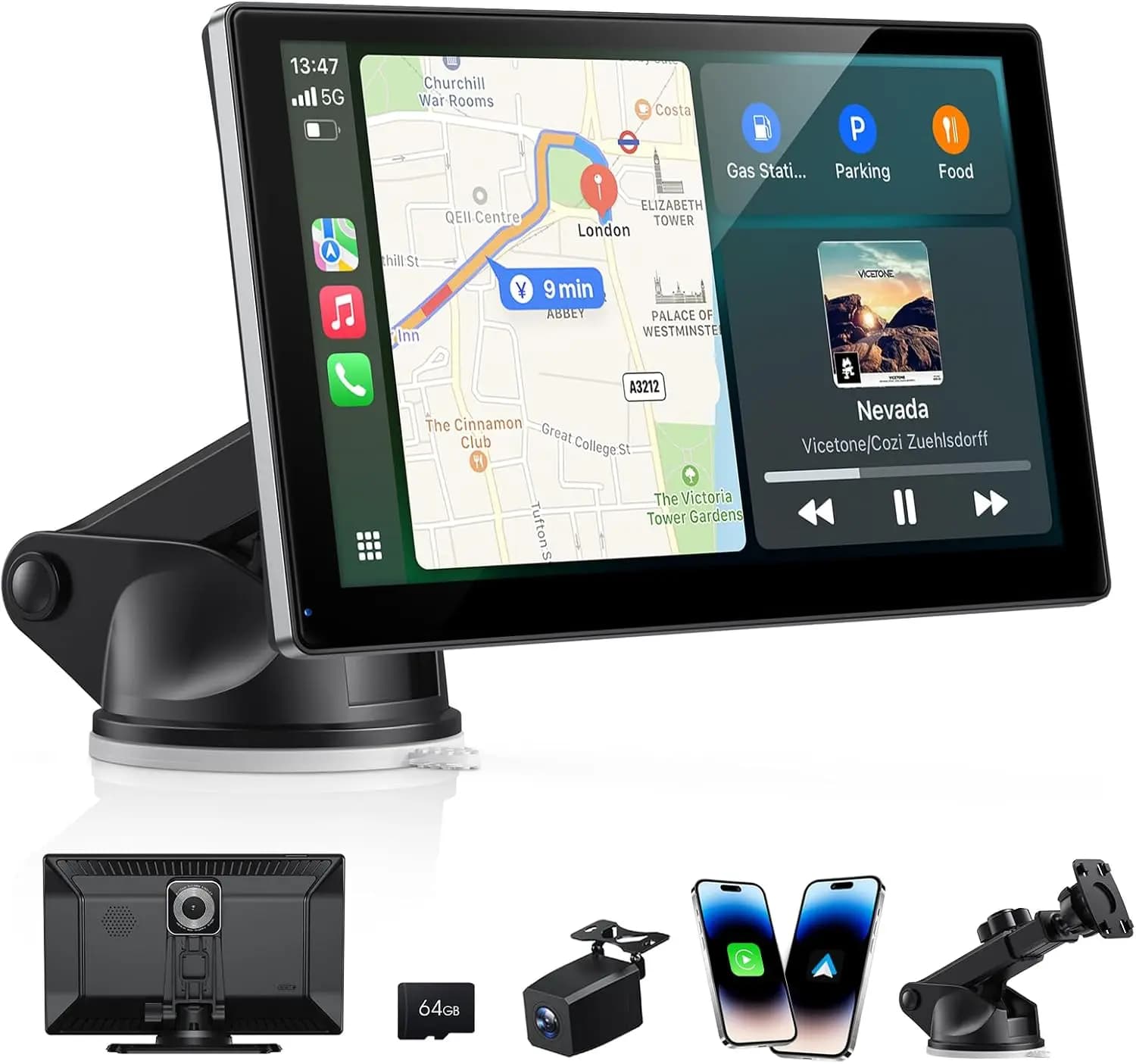 CarPlay 9 inch wireless and Android Auto, Dash Cam 4K + 1080P backup camera, GPS navigation touchscreen, Bluetooth