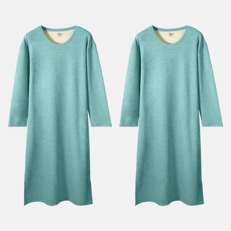 2 pieces of wool and silk pajamas, long sleeves, for autumn and winter, with long dressing up to the knee and integrated nightdress.