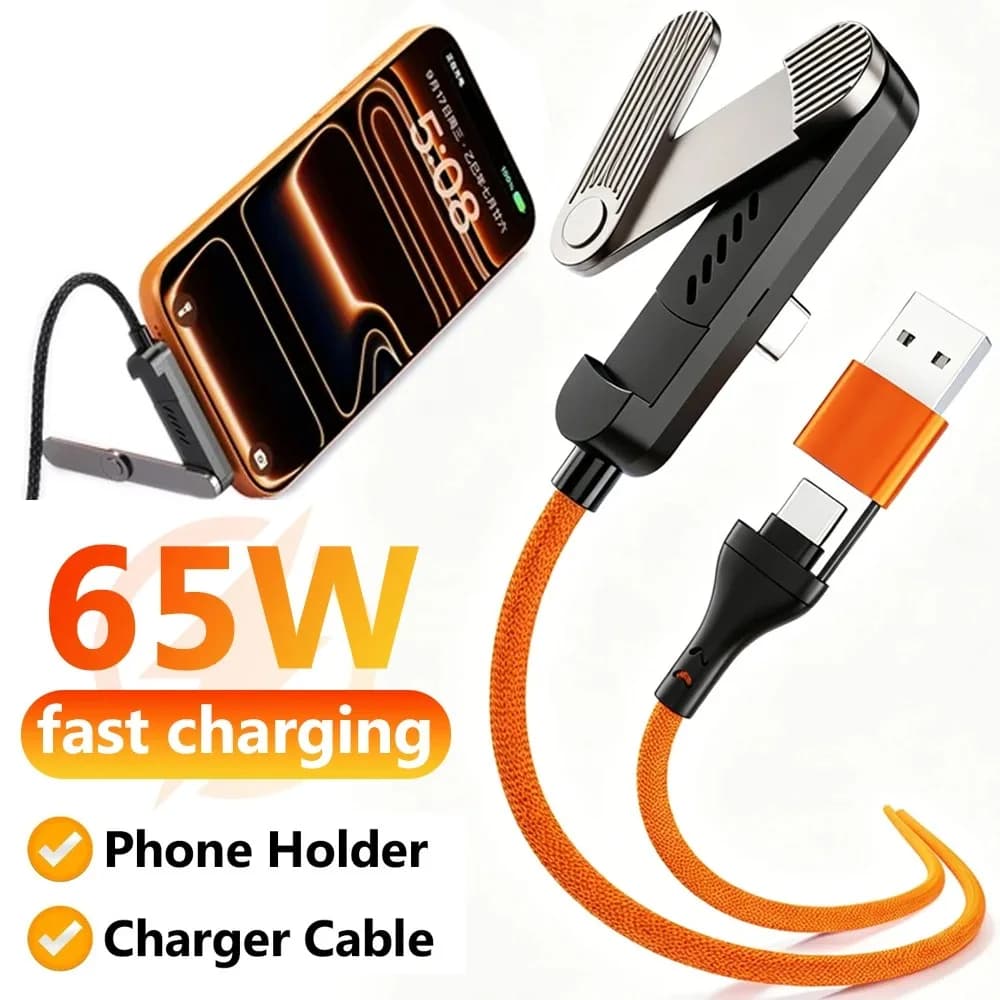 Cavo di Ricarica Rapida PD 65W 3-in-1 USB A/C a Type C con Supporto Pieghevole per Telefono 90° ° Cavo da gioco ad angolo retto per iPhone Samsung MacBook