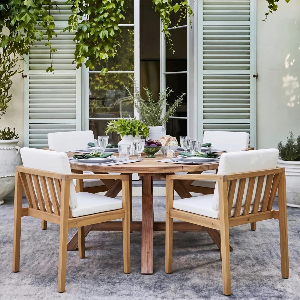 Ye Outdoor Dining Chairs (Set of 2) - Acacia Wood Frame, Light Teak Finish, Beige Cushions