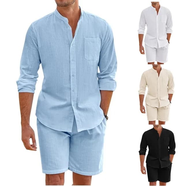 Set da Spiaggia Estivo per Uomo in Cotone e Lino, Cardigan e Pantaloncini Comodi e Traspiranti, Completo Due Pezzi