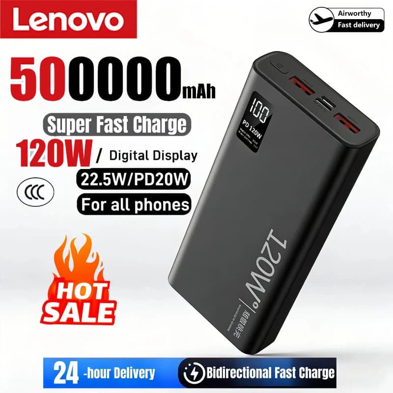 Lenovo 500000mAh Power Bank Super Fast Charging Large Capacity Portable Digital Display External Power Bank for iPhone Samsung