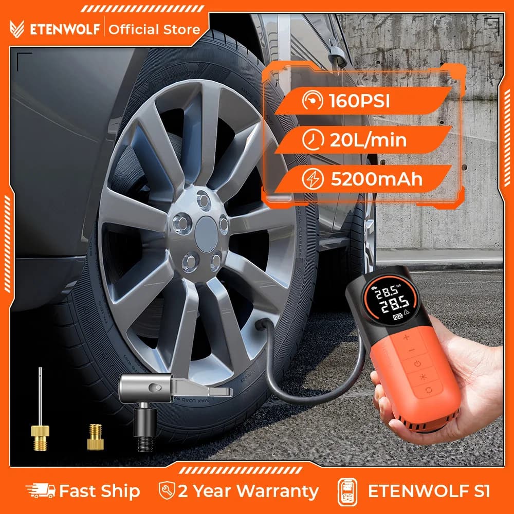 ETENWOLF S1 Gonfiatore portatile per pneumatici per auto 5200mAh 20L/Min Compressore per auto per auto Moto Biciclette Moto accessori