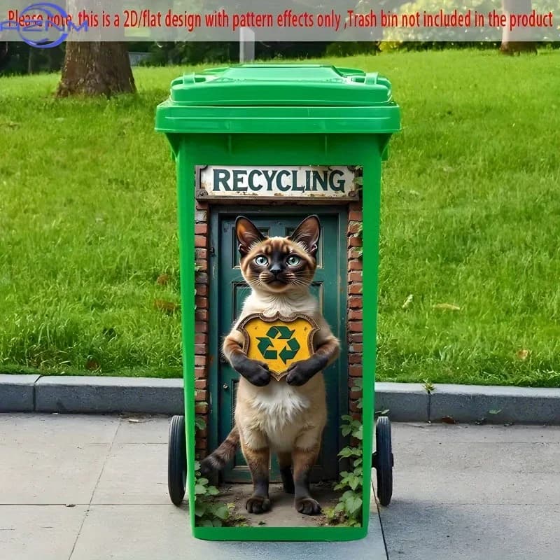 2D Flat Printing 1pc Trash Can Sticker 37×82cm Recycle Cat Theme Design Self-Adhesive Wallpaper for Kitchen Bin, Wall Decorati