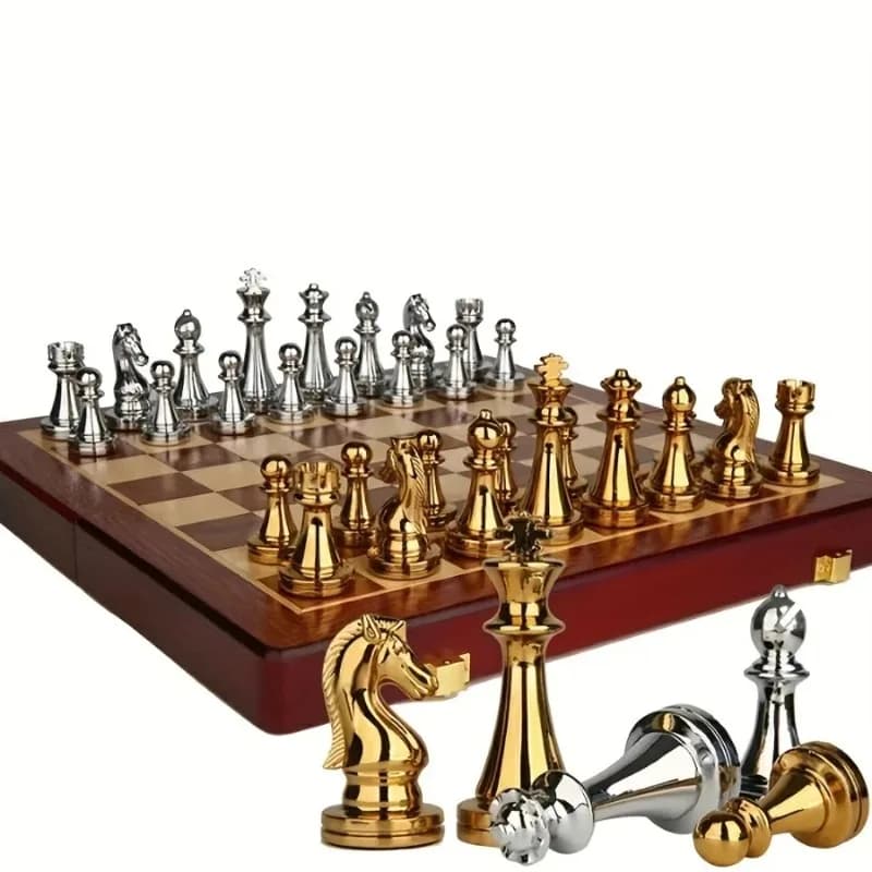 Set di Scacchi in Legno Massiccio Pieghevole con Pezzi Pesanti in Lega di Zinco da 39 cm