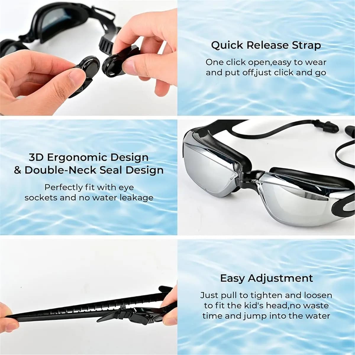 T22C Swimming Goggles Anti-Fog UV Protection Goggles No Leaking Integrated Earplug Adjustable Silicone Strap Goggles
