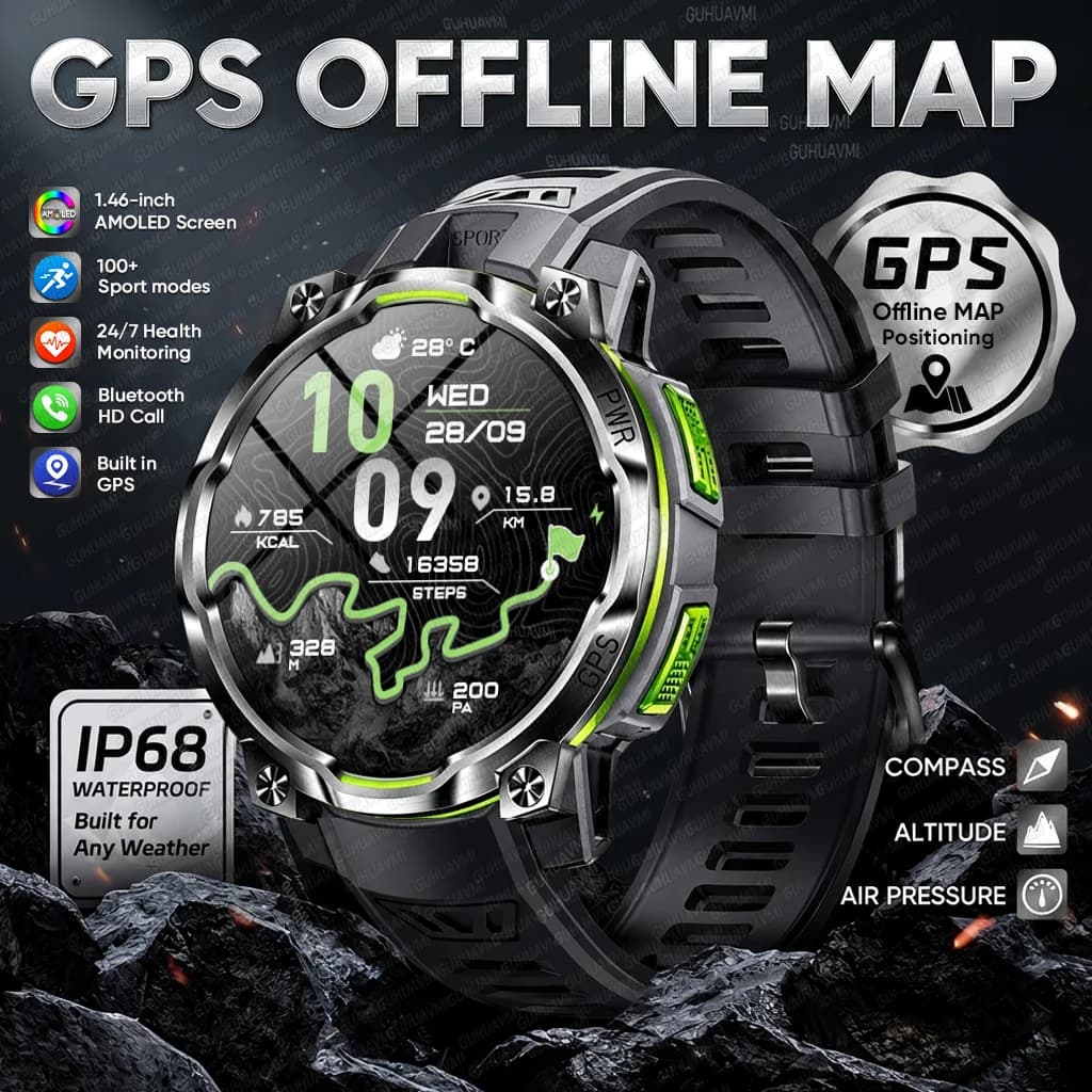 2026 New Offline Map GPS Sports Smart Watch 1200mAh Battery GPS Compass Flashlight IPX8 Waterproof Chat GPT Men Military Watchs