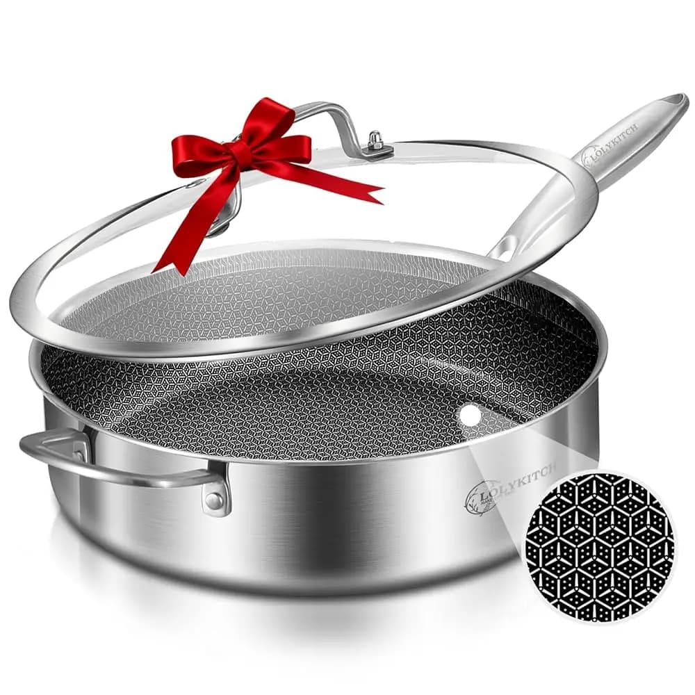 Padella Ibrida in Acciaio Inox Tri-Ply Antiaderente da 6 QT con Coperchio, Padella Profonda da 12 Pollici, Grande Padella, Pentola Jumbo, Adatta all'Induzione