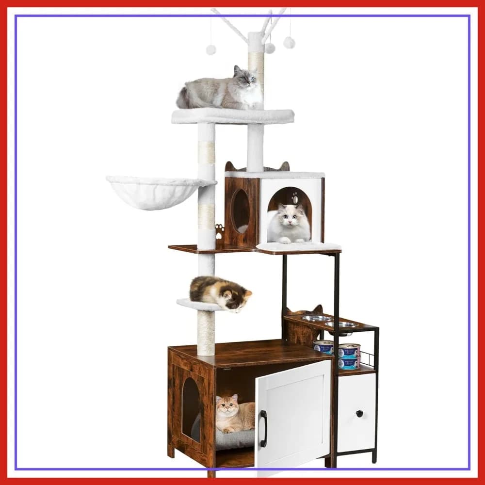 Albero per Gatti 3-in-1 con Box Lettiera Integrato, Torre per Gatti Nascosta da 170,99 cm, Cuccia e Amache per Gatti