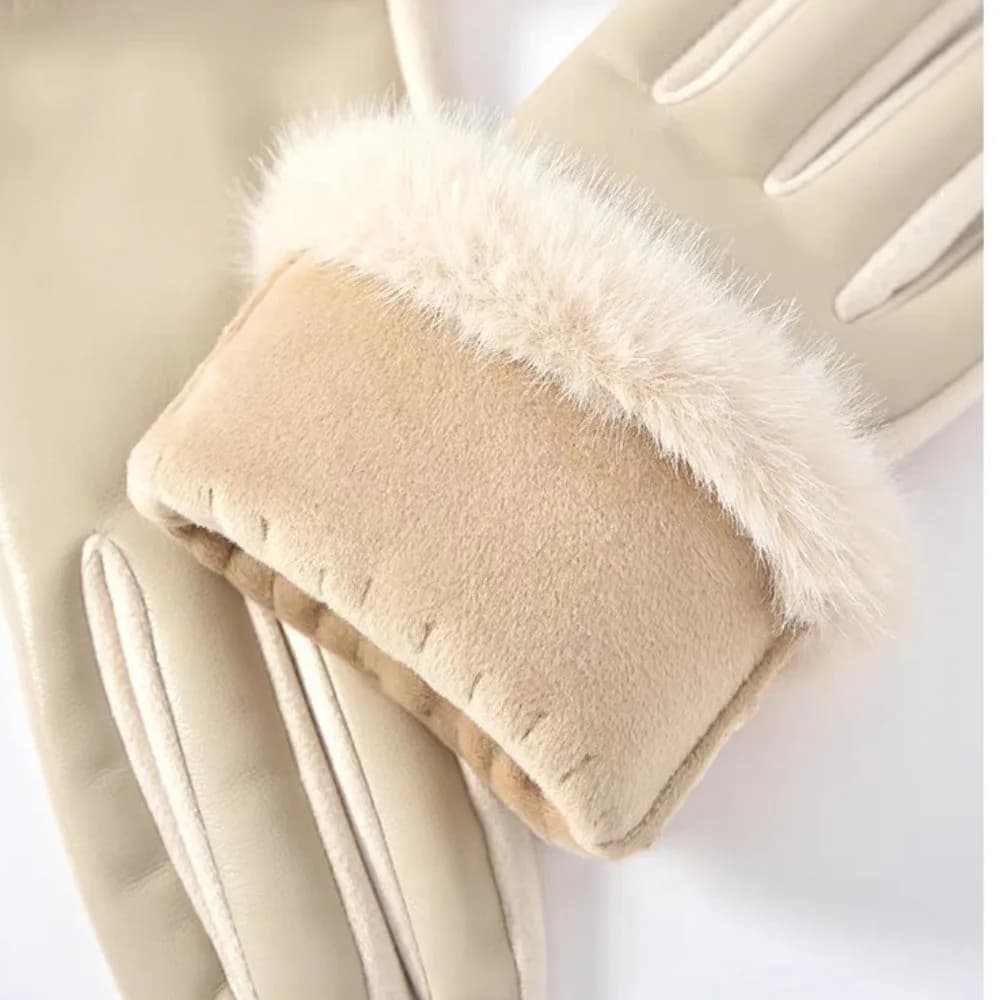 New Faux Fur Trim Winter PU Leather Gloves Fluffy Warm Touchscreen Gloves Solid Color Thickened Cycling Windproof Gloves Women