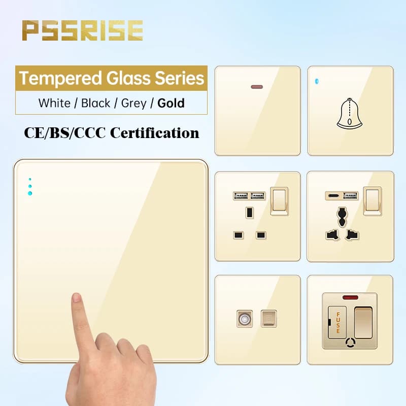 PSSRISE All Tempered Glass Wall Lamp Switch Button Gold UK Plug 13A Universal Wall Socket with Usb ,220V2gang2way Dimmer Switch