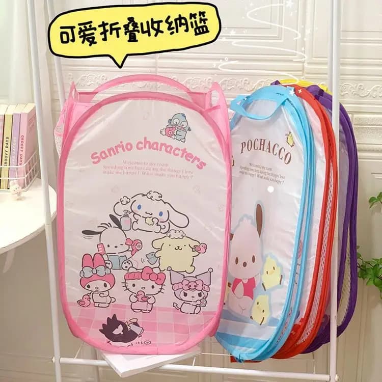 Sanrio Cute Net folding linen basket with large capacity, Kuromi Melody Cinnamon Roll, for home and dorm, Kawaii