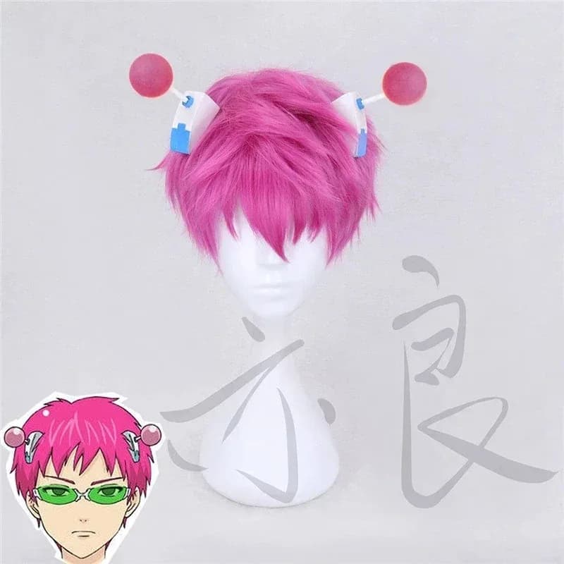 Anime La Disastrosa Vita di K. Saiki Kusuo Parrucche sintetiche corte rosa per capelli Berretto per parrucca Accessori cosplayb;4.f'7;j,3'