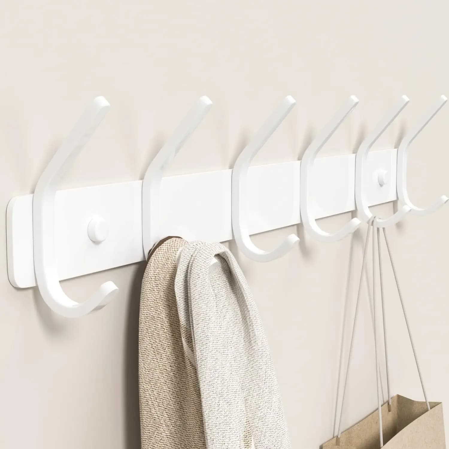 Coat Rack Wall Mount 6 Hooks - 15 Inch Matte White Metal Organizer for Entryway, Bathroom, Beach Towels, Coats, Purses