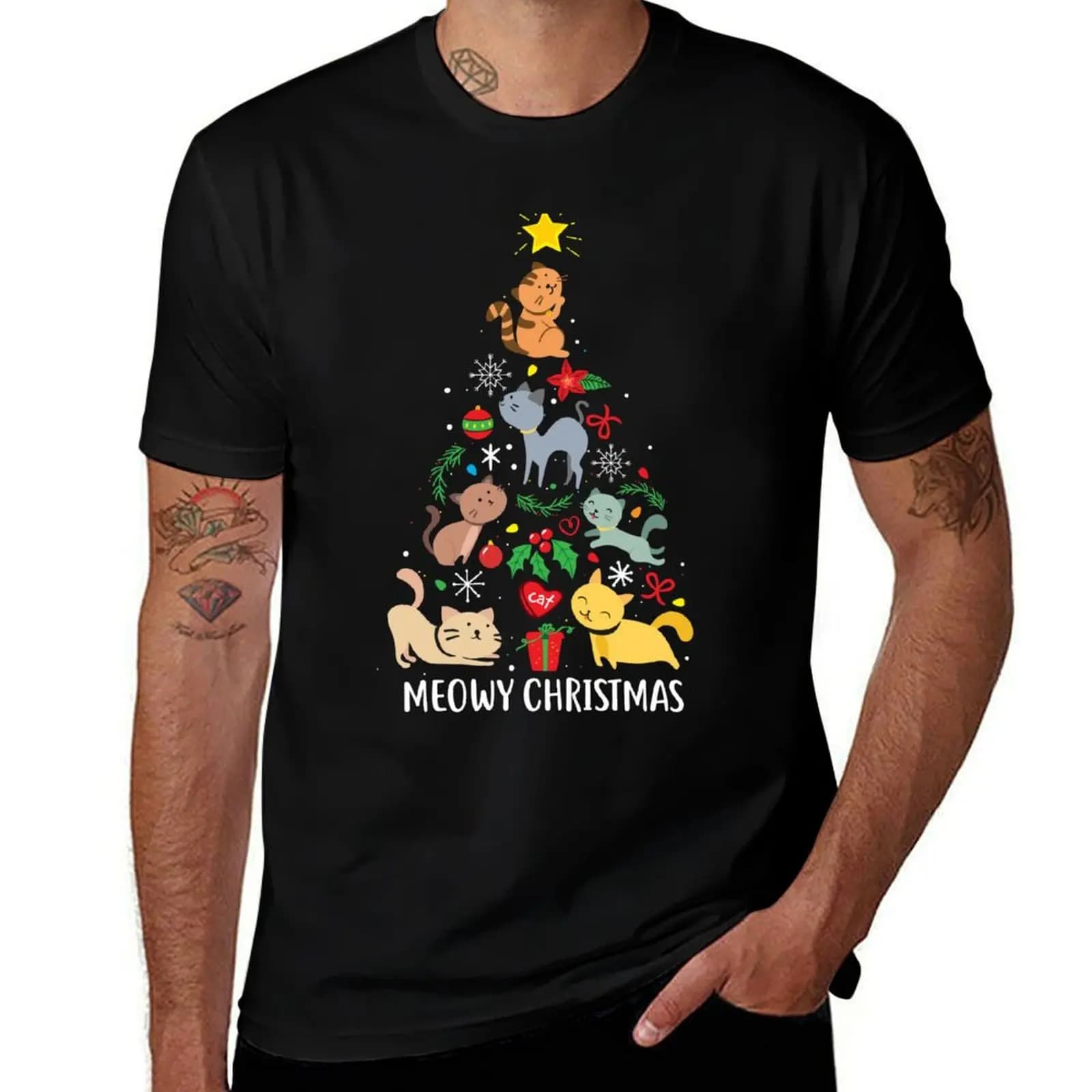 Cat Christmas Tree Ornament Decor Gift T-Shirt Urban Casual Loose Fit Tee