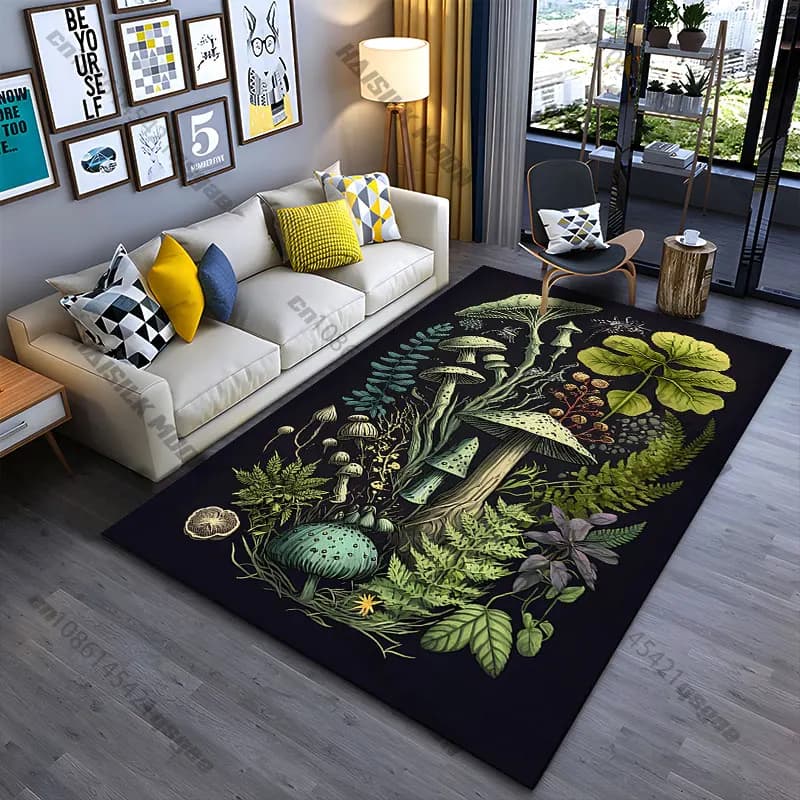 Carpet with motifs of mushrooms, plants and insects, for yoga, living room, decoration, baby mat, grass, carpet for games