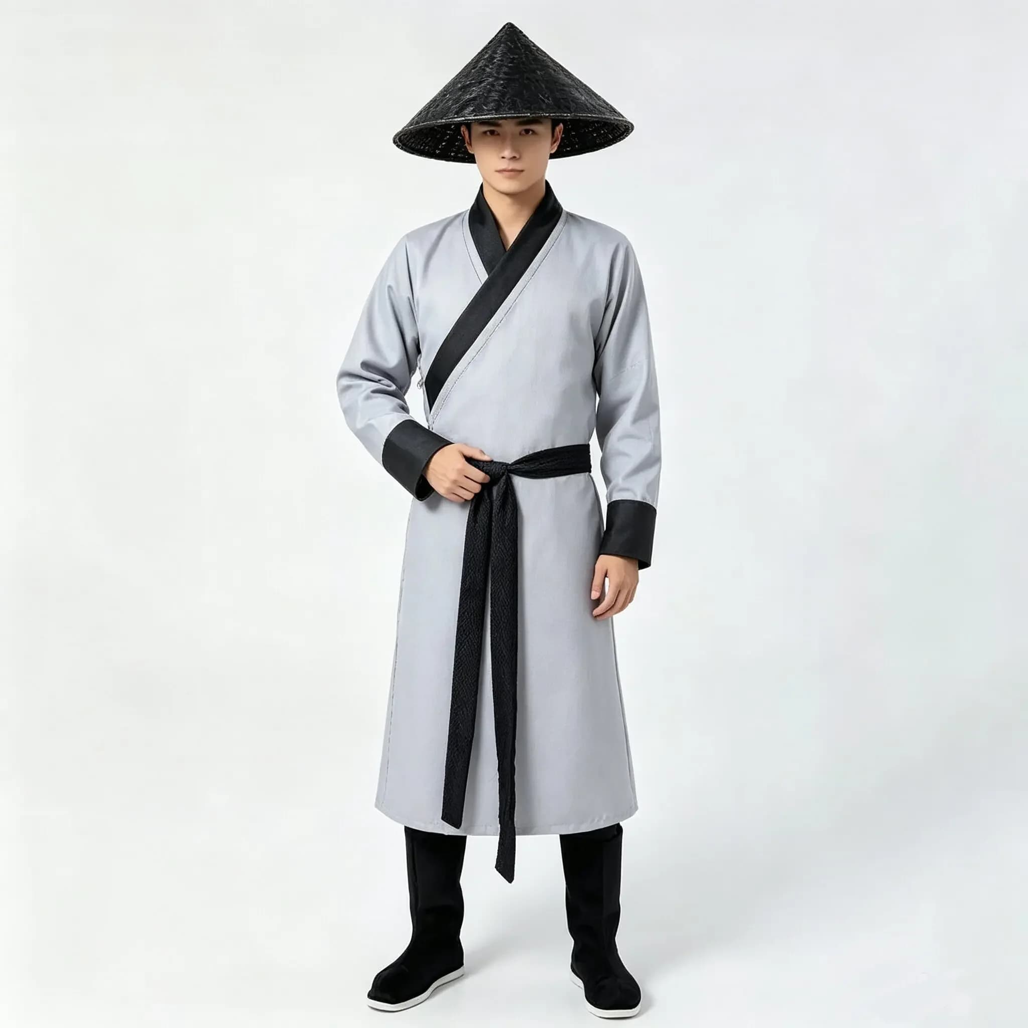 Men Black Ancient Warrior Robe White Cross Collar Belted Long Coat Oriental Knight Costume with Tassel for Cosplay Party