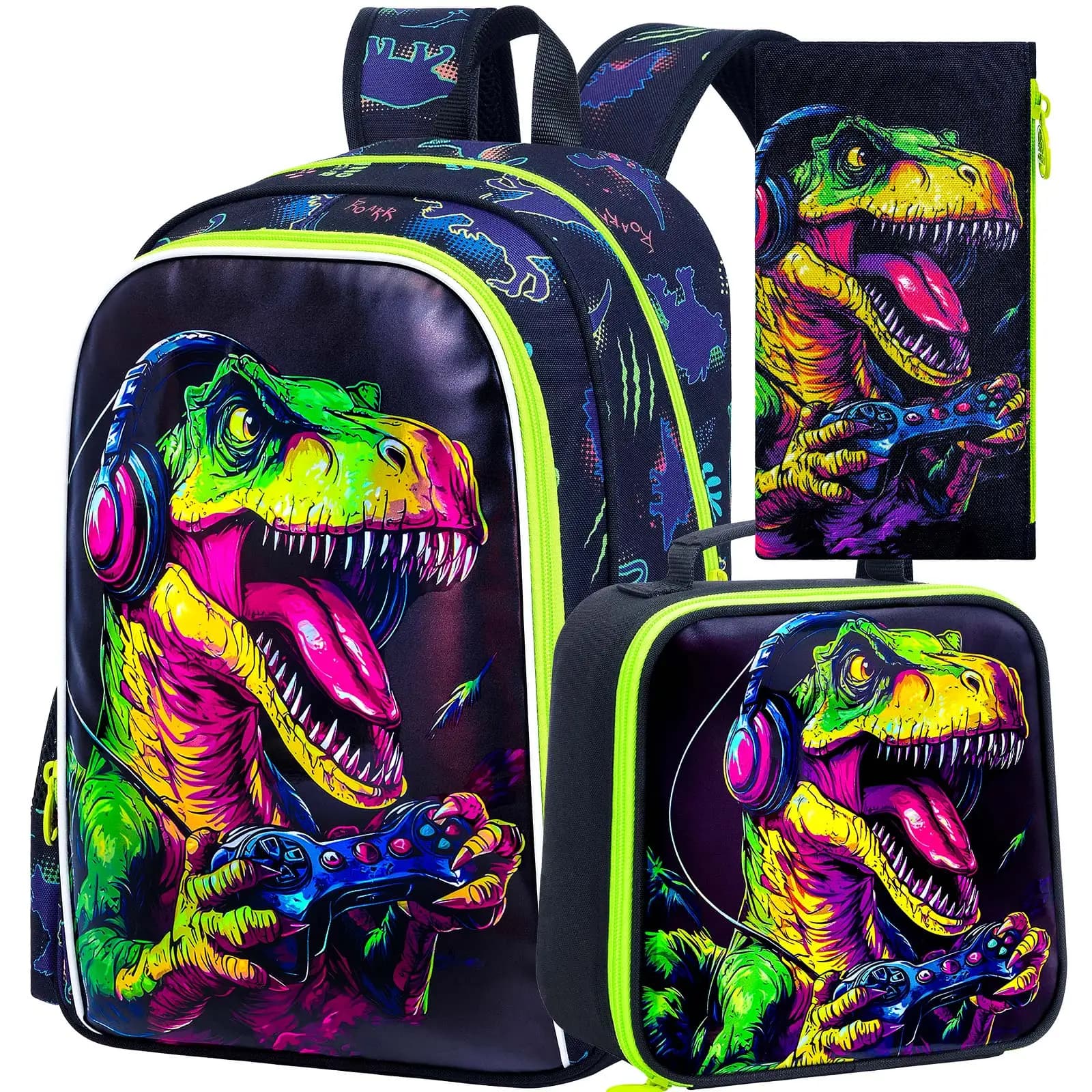 Zaino per bambini con dinosauri, 3 pezzi, per ragazzi, 16 pollici, con stampa UV, borsa per libri/scuola con portapranzo e astuccio, per la scuola materna e la scuola elementare