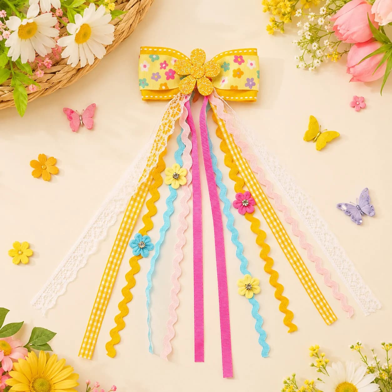Lovely Rainbow Ribbon Bow Hair Clip Long Tassel Streamer Floral Lace Gingham Hair Barrettes for Kids Girls Cute Hairpins