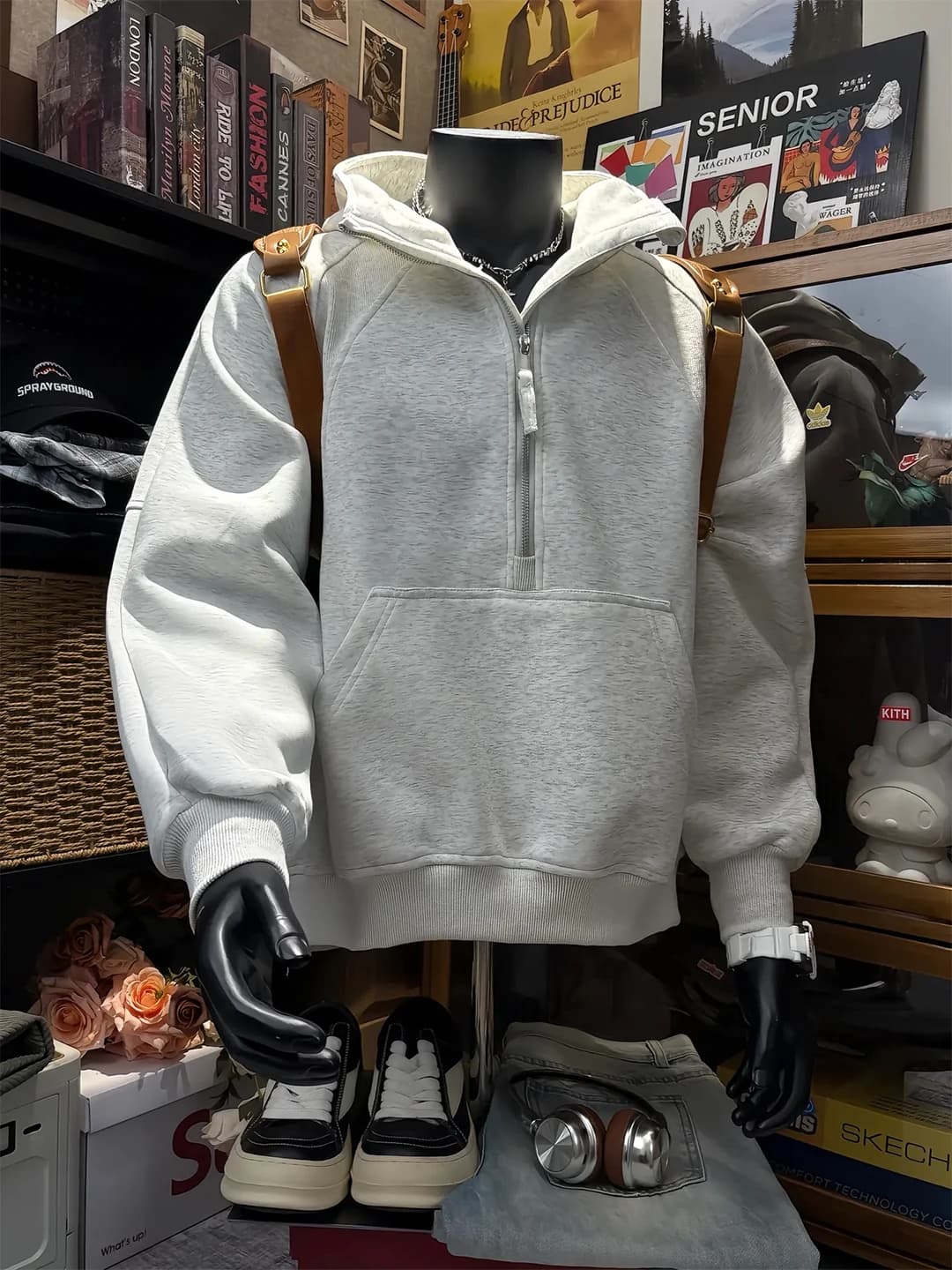 Deconstructed Hoodie Men's Autumnal American Style Rigid Shape Half Zipper Short Coat White Flower Grey Heavyweight Jacket