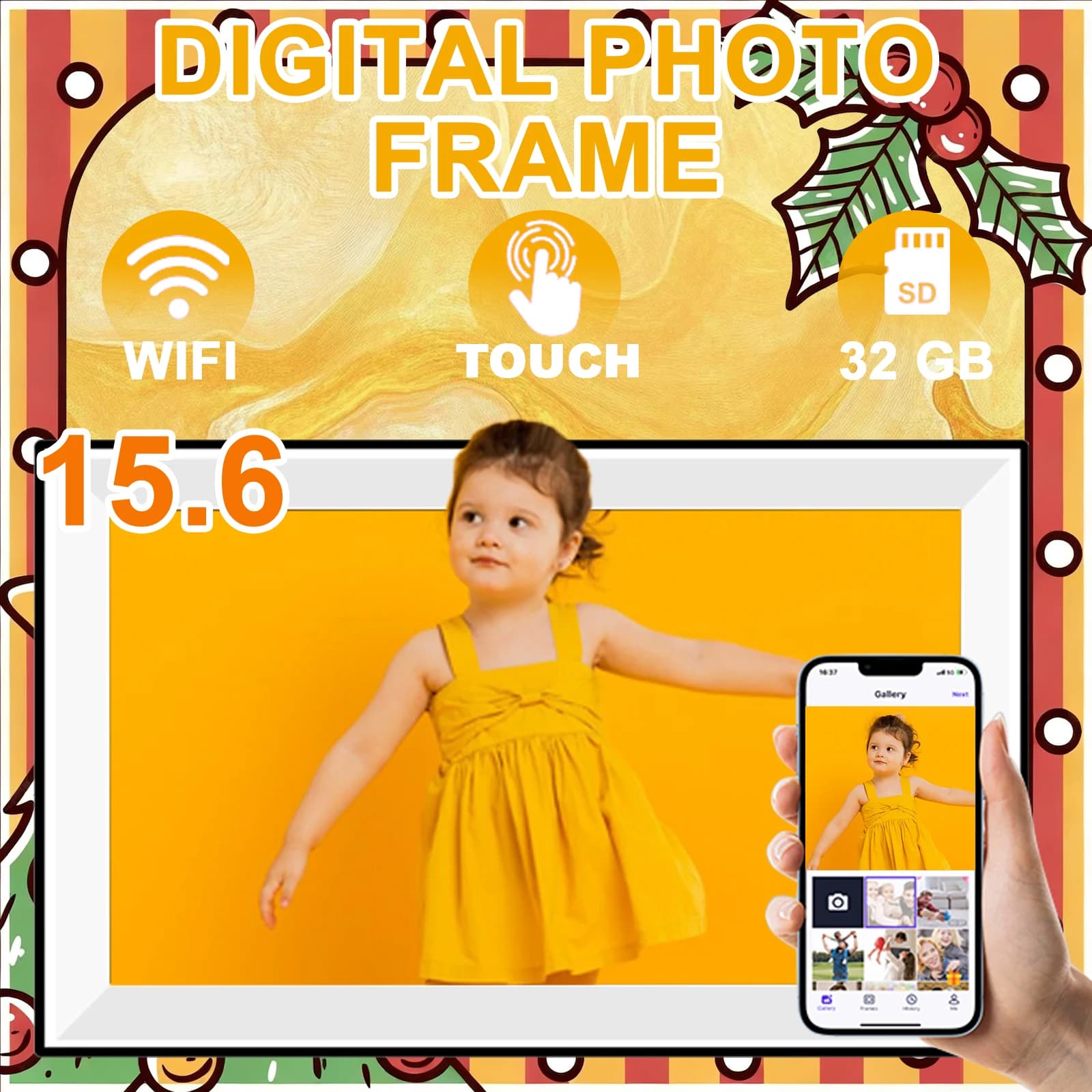 WiFi da 15,6 pollici integrato da 32 GB Cornice per foto digitali ips touch di grandi dimensioni Cornice intelligente WiFi 1920 * 1080 Condividi foto e video tramite frameo