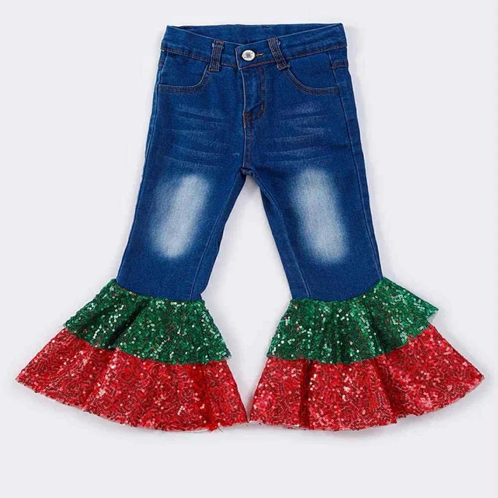 Pantaloni in denim con fondo a campana con paillettes natalizie per neonate Pantaloni festivi lucidi verdi rossi per neonati