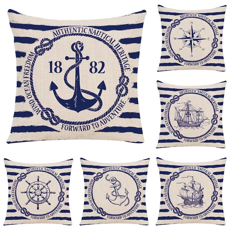 Cuscino Mediterraneo con Ancora, Stile Americano Oceanico, Federa in Lino Decorativa con Lettere 45x45cm