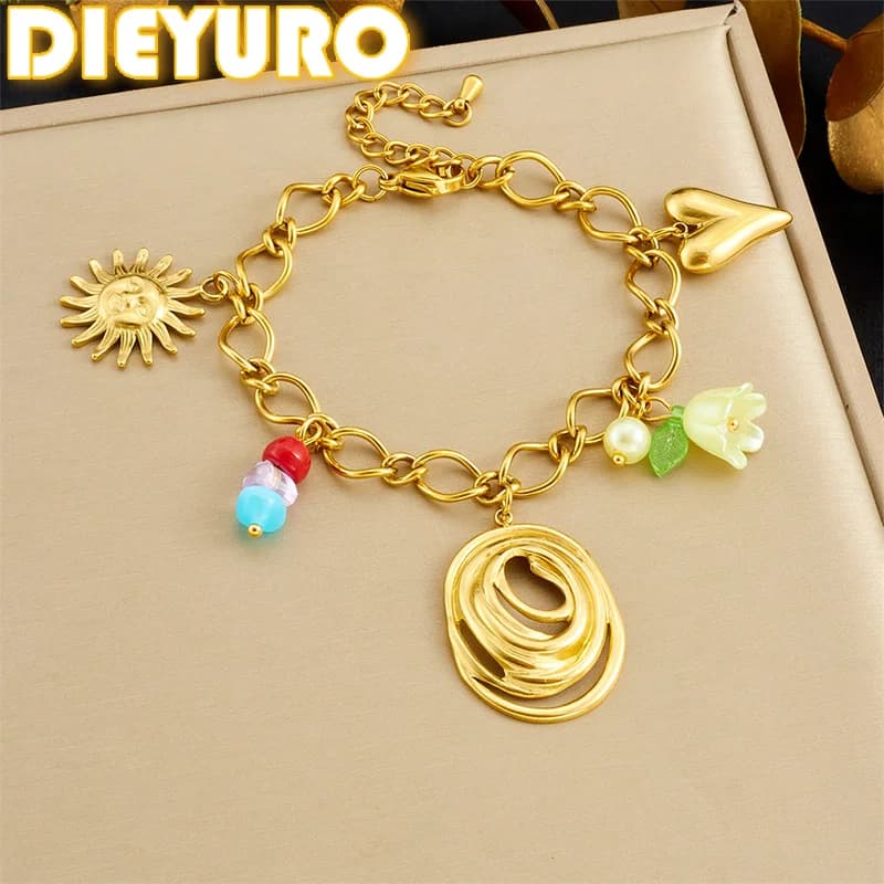 DIEYURO Acciaio inossidabile 316L Linee dorate Ovale Sole Cuore Fiore di cristallo Bracciale Donna Nuovo classico regalo di gioielli con catena da polso
