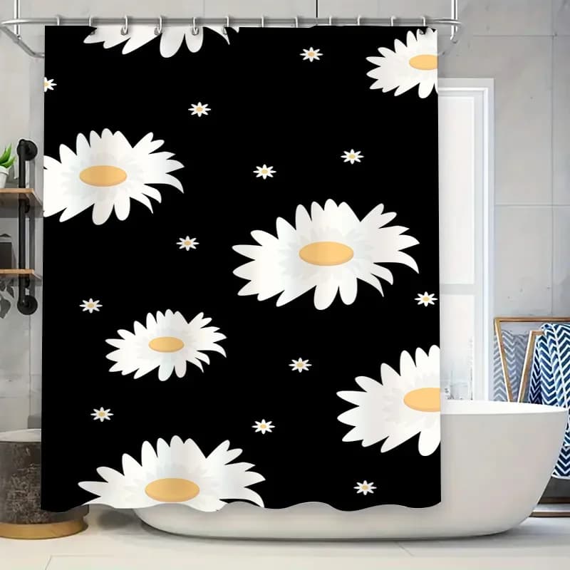 Decorazioni per il bagno Tenda da doccia Stampa impermeabile Margherite bianche Sfondo nero Copertura decorativa per vasca idrorepellente Casa A
