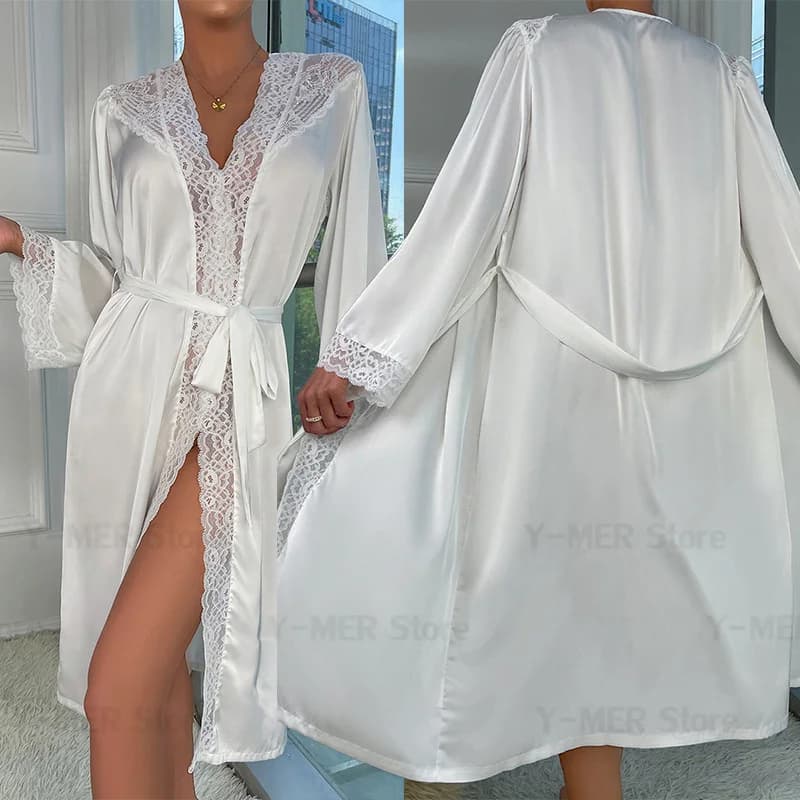 Women's Lace Dress Kimono Night Shirt Satin Nightwear Bridal Dress Long Sleeved Swimwear Casual Homewear Pigiama