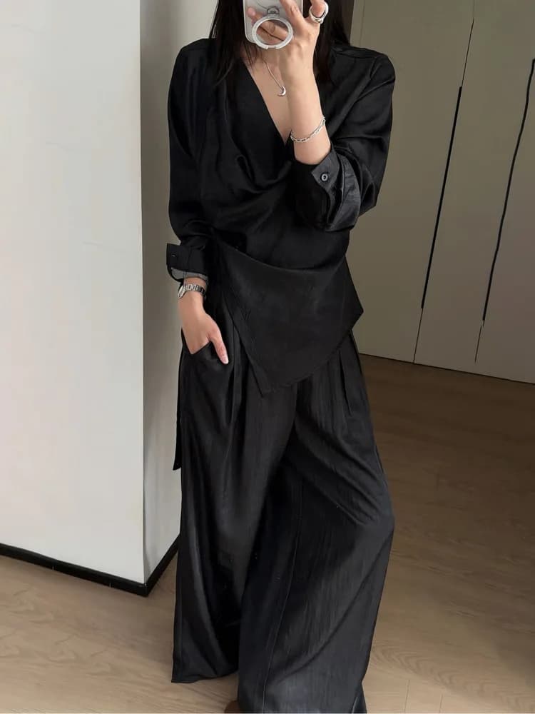VTKW 2026 New Arrival Women Black Two Piece Pants Set Satin Like Draped V Neck Blouse Long Sleeve Self Tie Wide Leg Trousers