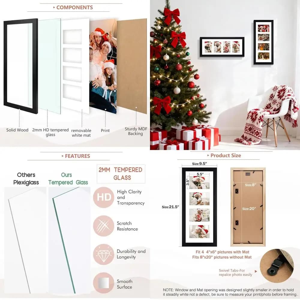 Set di 3 cornici per foto in legno nero, contiene 8x20 foto, esposizione di collagli 4x6, vetro protetto