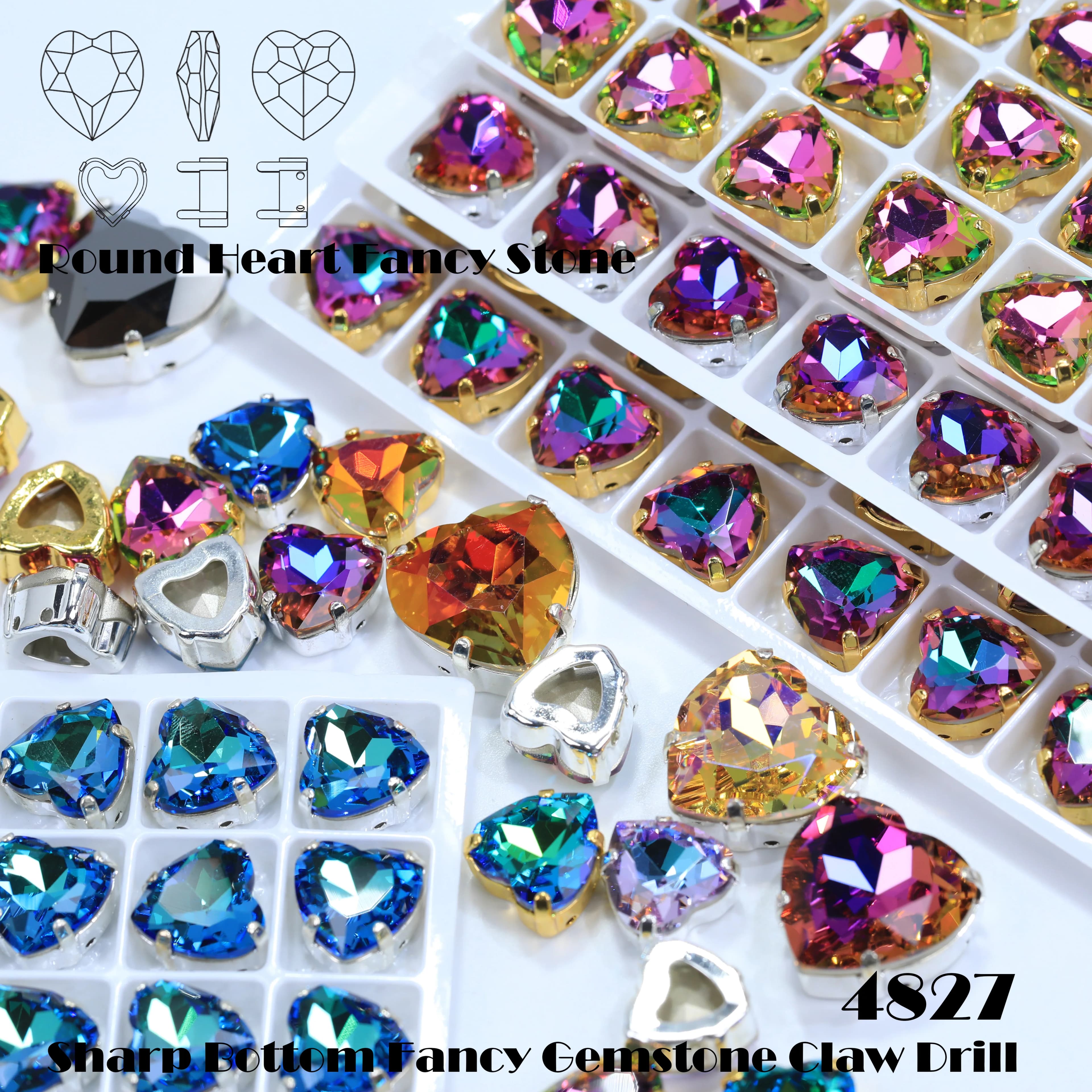 Shiny White Coated Premium Grade Glass Crystal Round Heart Rhinestones Sharp Bottom Fancy Gemstone Claw Drill DIY Bags Handcraft