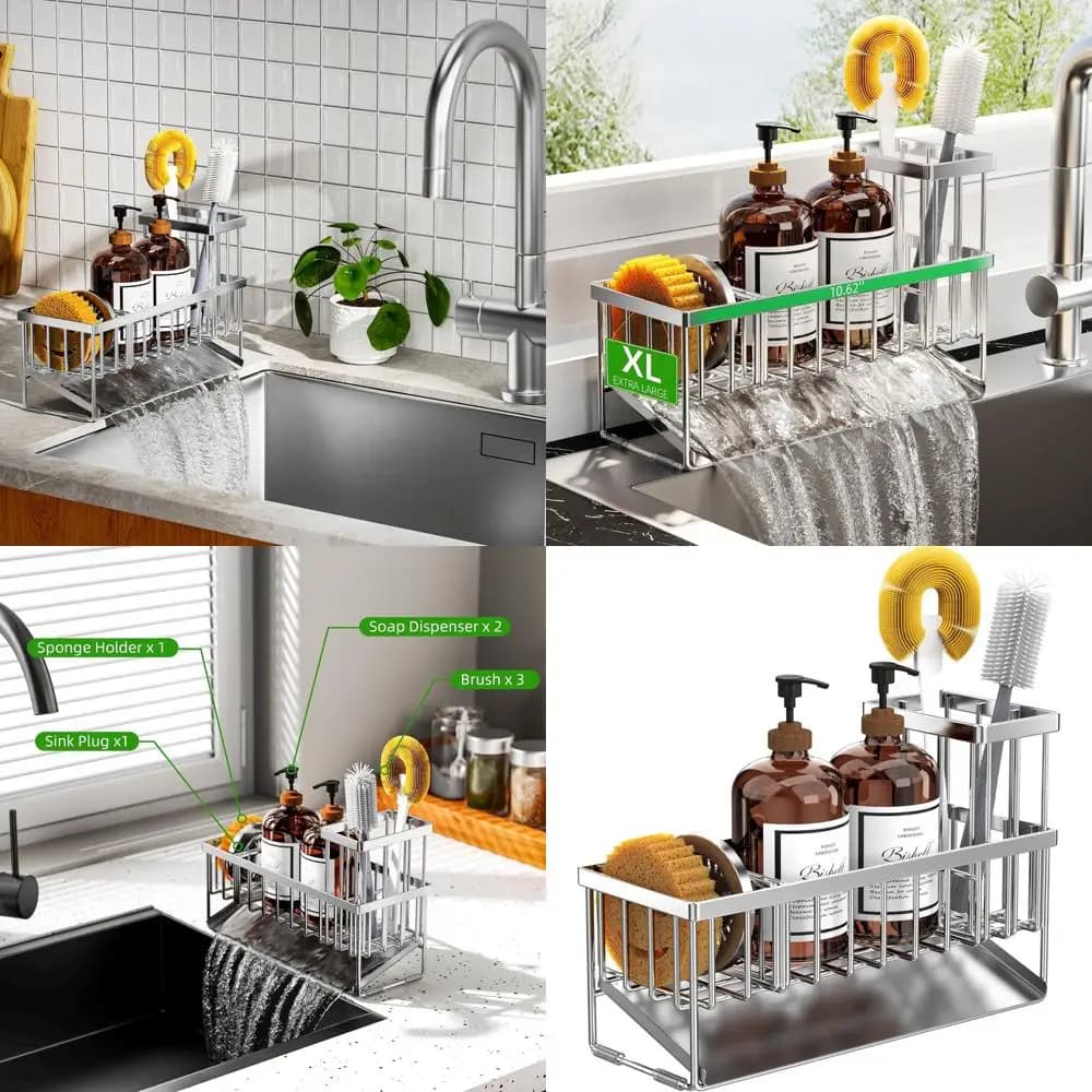 Grande organizer per lavello in argento con portaspazzole e spugne, dispenser per sapone da appoggio in acciaio inossidabile per accessori da cucina e D