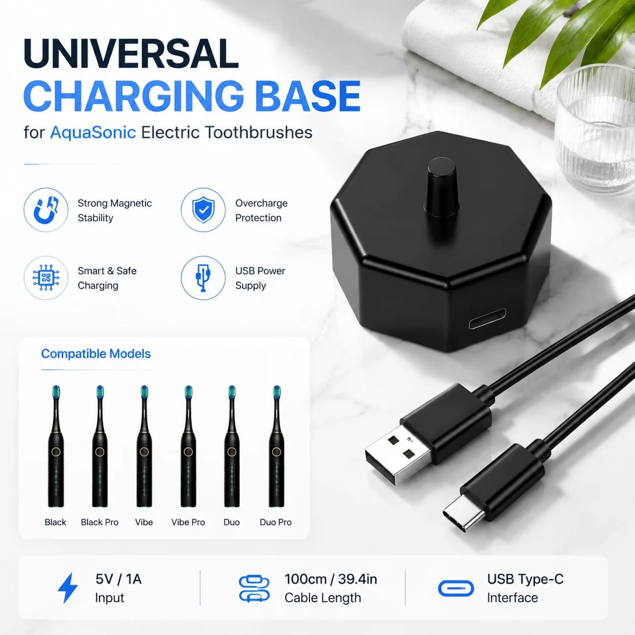 Fast Charging Base for AquaSonic Black ,Black Pro,Vibe ,Vibe Pro,Duo,Duo Pro Electric Toothbrush Dock Replacement Accessory