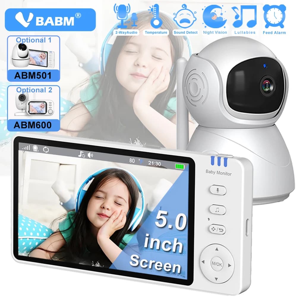 Monitor per bambini VBABM con schermo IPS da 5,0 pollici, telecamera PTZ con audio bidirezionale, cameretta con ninna nanna, visione notturna, sicurezza, 3,5 pollici