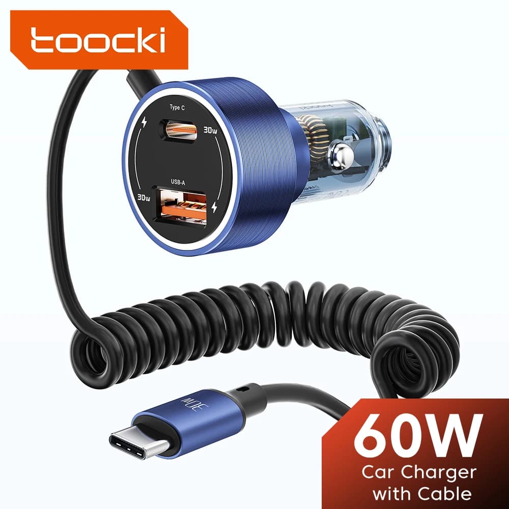 Toocki 60 W USB Car Charger Fast Charging 4.0 3.0 for iPhone 15 14 Samsung S23 Xiaomi Type C Car Charger with Type C Cable