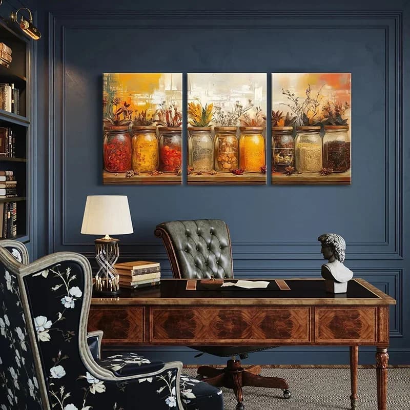 3pcs/ set Wooden Framed Canvas Poster, Herbal, Jars, Spices Art, Oil Painting Style, Wall Art Painting for Kitchen, Living Ro