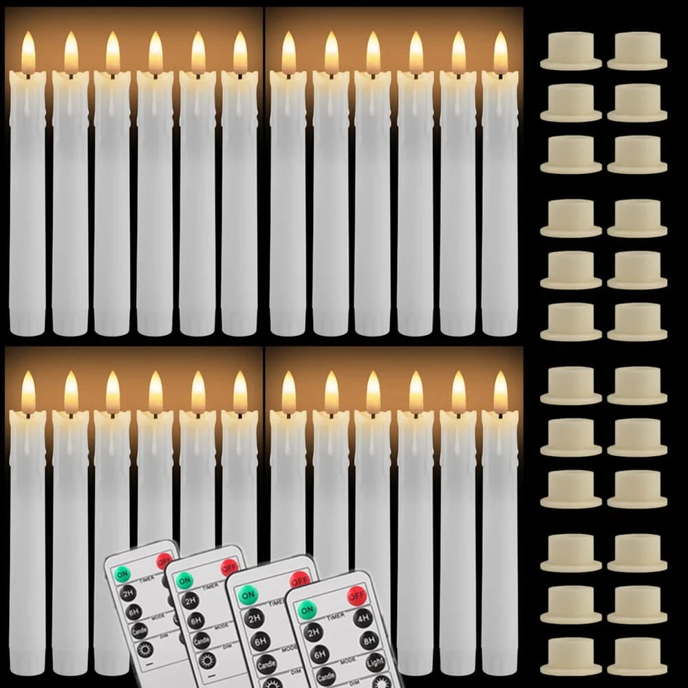 Pack of 12/24pc Flameless Flickering Ivory Taper Candles with Remote Battery Operated LED 3D Wick Candle Christmas Wedding Decor