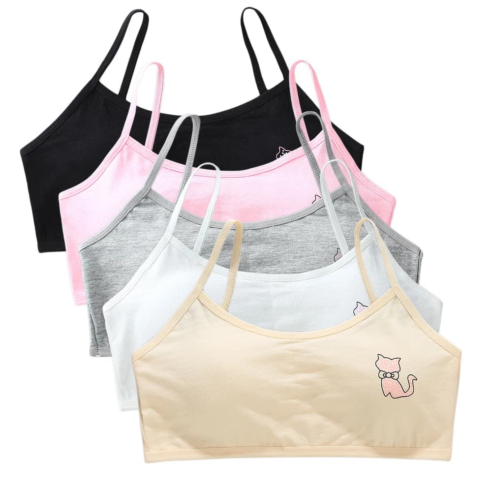 5pcs Teenage Girls Sports Underwear Cotton-Padded Training Bra Comfortable Puberty Sports Bra for Primary And Middle School Stud
