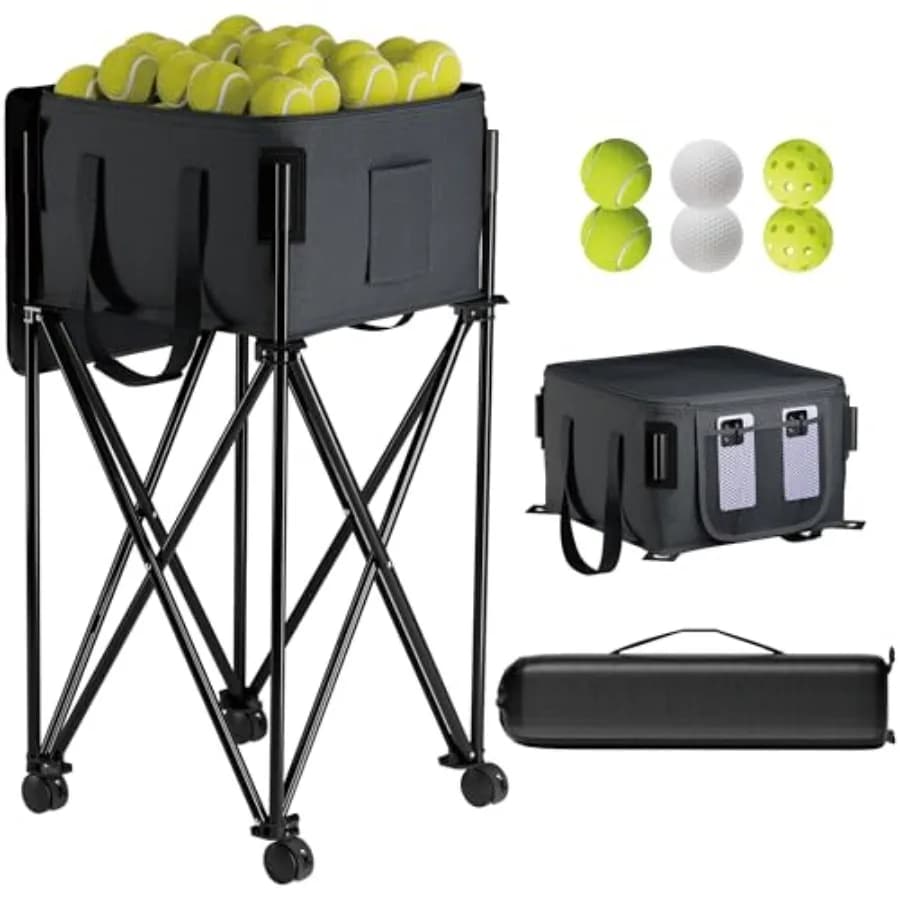 Carrello Portapalle da Tennis con Ruote per 120 Palline, con Borsa Rimovibile, Cesto Portatile per Pickleball e Baseball