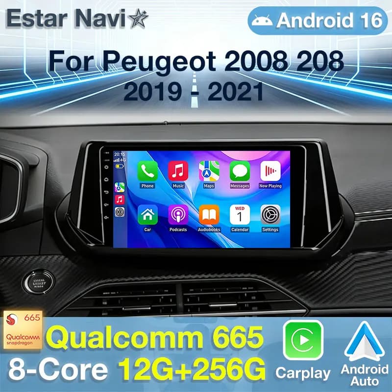 Autoradio Android 16 con Carplay Wireless per Peugeot 2008 208 2019 2020 2021 2022, Lettore Multimediale Video, Navigazione GPS, 4G, BT